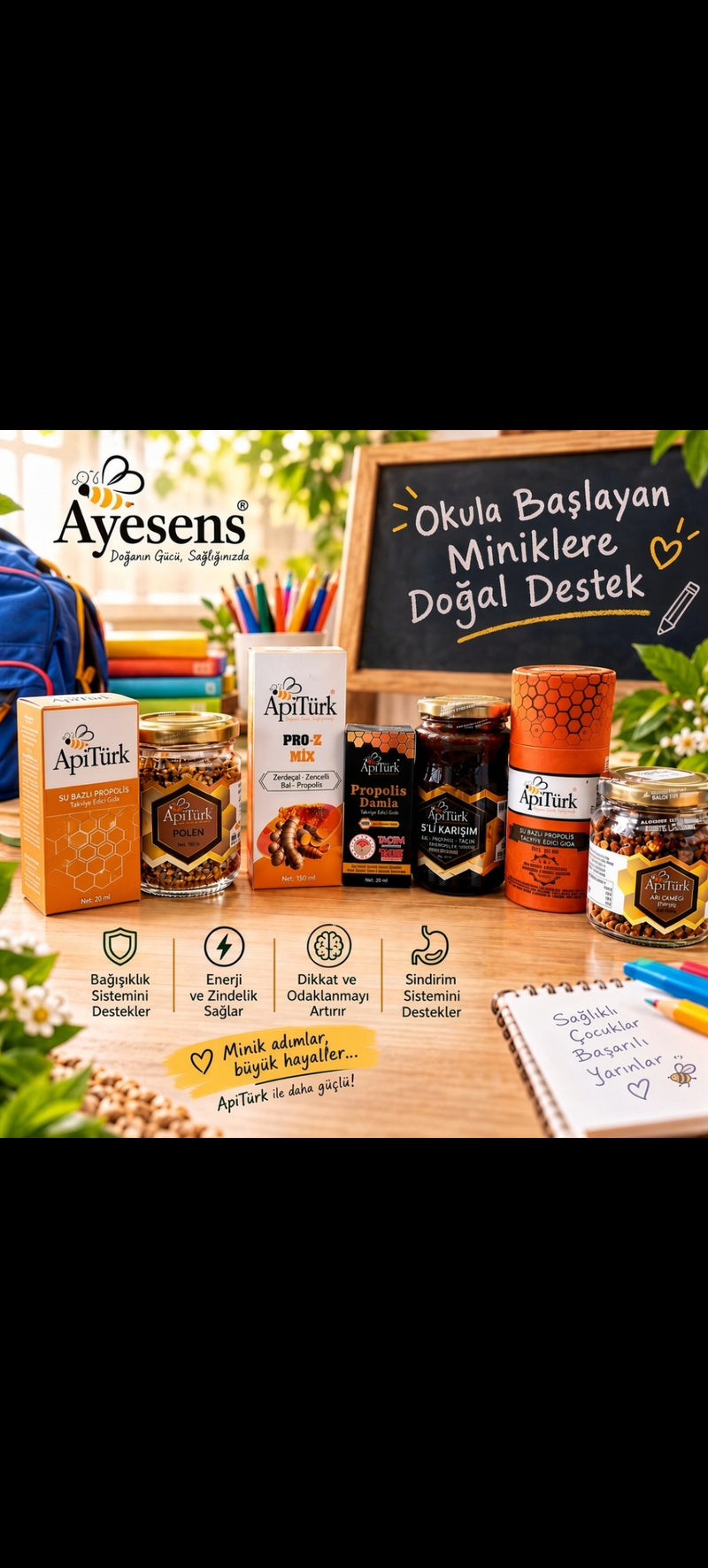 OKUL SETİ (Pro-z mix 150ml, Su bazlı propolis 50ml, Arı ekmeği 100gr, Polen 100gr, Propolis damla 20ml, Su bazlı propolis 20ml, 5'li karışım 450gr )